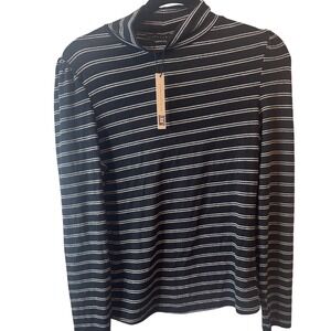 NEW Sanctuary L Mock Neck Stripe Long Sleeve Top Womens Black White Lightweight